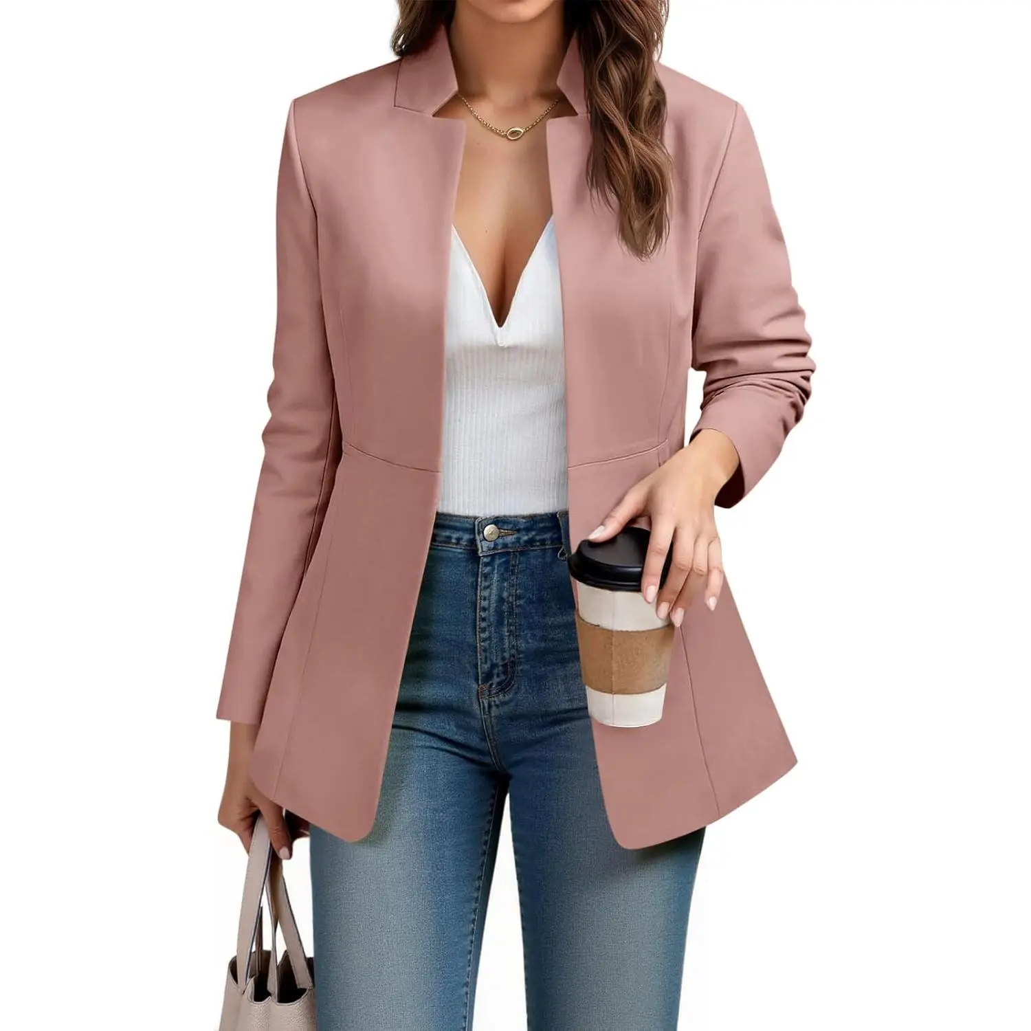 Women's Fitted Open-Front Blazer - Lady's Tailored Long Sleeve Suit Jacket with Notched Lapel, Business Formal Wear, Wardrobe Staples, Ready to Wear for Business Casual Work, Solid, Wrinkle Resistance, Office Work Clothes, Corporate Office Wear