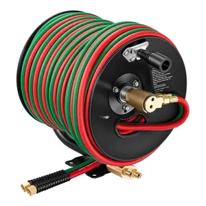 VEVOR Retractable Welding Hose Reel, Hand Crank Manual Rewind Hose Reel with 1/4 Inch x 100FT Twin Oxygen Acetylene Rubber Hose Max 300PSI - T Grade, Ceiling/Wall Mount Steel Reel for Workshop Garages