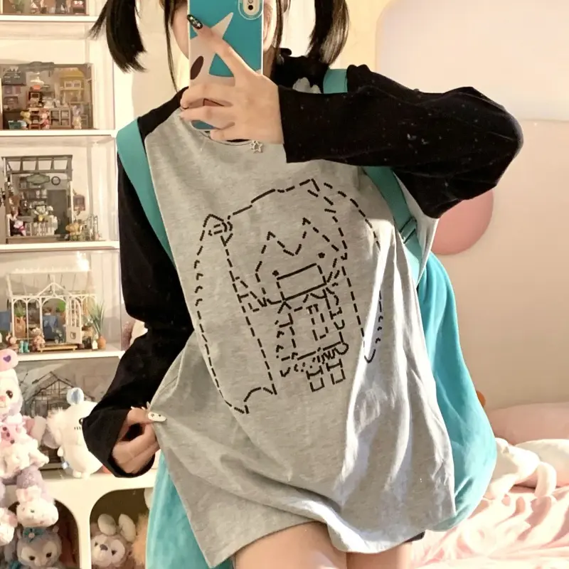 Hatsune Miku Cotton Long Sleeve Anime Printed T-shirt Garroon Sleeve Contrast Color Kawaii Girl Loose Top Round Neck Cute Gift