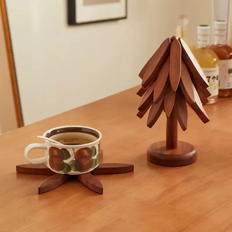 New Bamboo Wooden Kitchen Coasters Set - Classic Christmas Tree Shape, Foldable Dining Room Tableware Protector, Hot Dishes/Pots/Cups Mat, Indoor Festive Decorations & Festive Gifts Idea