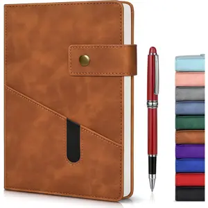 Lined Journal Notebook with Pen, A5 Personalized Hardcover Leather Journal for Men Women, 200 Pages 100 GSM Thick Paper College Ruled for Work Travel School Writing Diary 5.9" X 8.4" Brown