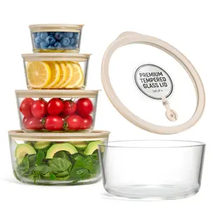 Glass Nesting Bowl Set with Lids, Clear/Sand Food Storage Bowl Food Water Bowls