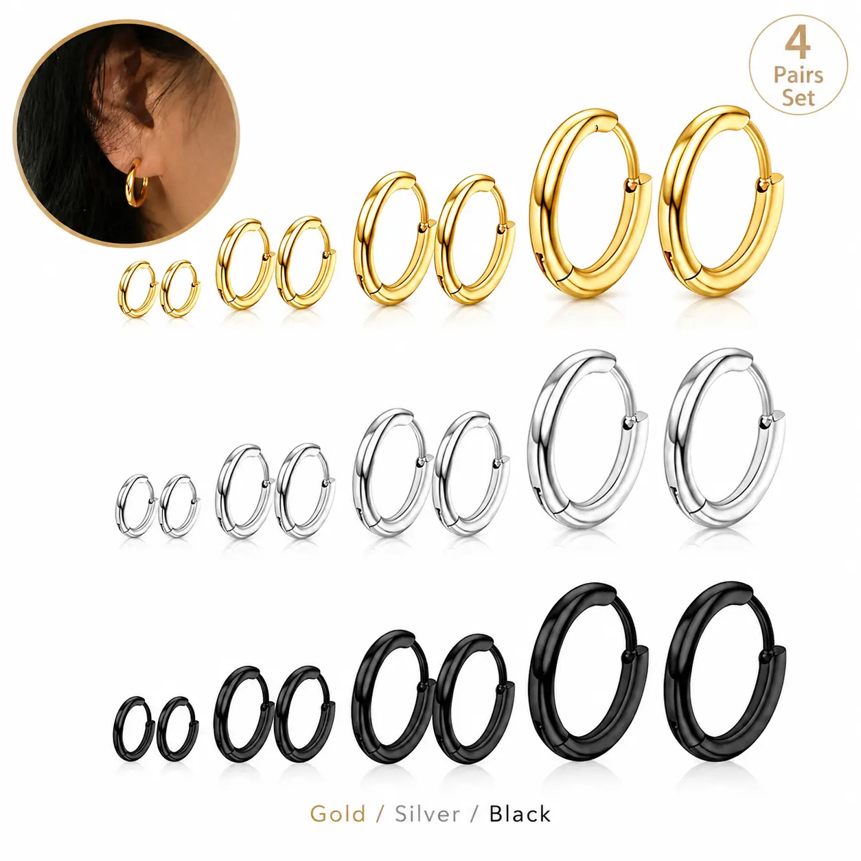 4 Pairs Hoop Earrings Set for Men Women, Stainless Steel Huggie Earrings, Gold Silver Black Small Hoop Earrings