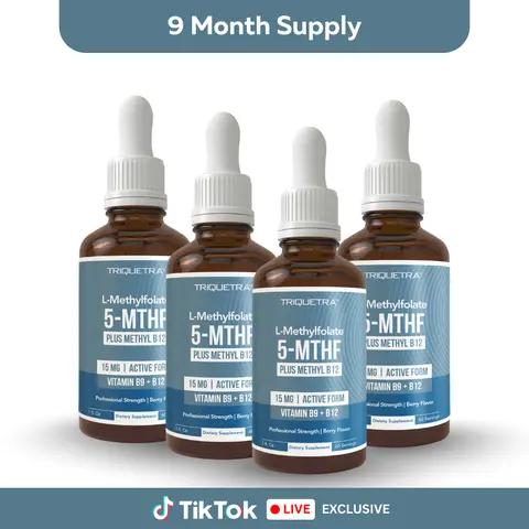 4 Pack L Methyl Folate 15mg + B12 Pro Strength, Liquid 5-MTHF Form, Supports Mood, Methylation, & Cognition Supplement Energy Levels Vitamin Methylcobalamin