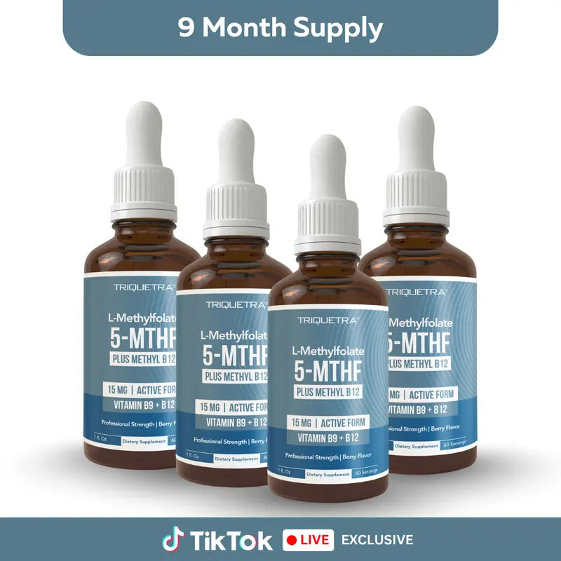 4 Pack L Methyl Folate 15mg + B12 Pro Strength, Liquid 5-MTHF Form, Supports Mood, Methylation, & Cognition Supplement Energy Levels Vitamin Methylcobalamin