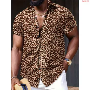 Bmuvlss Men's Leopard Skin Graphic Print Shirt, Casual Lapel Button Up Short Sleeve Shirt For Summer Outdoor Activities