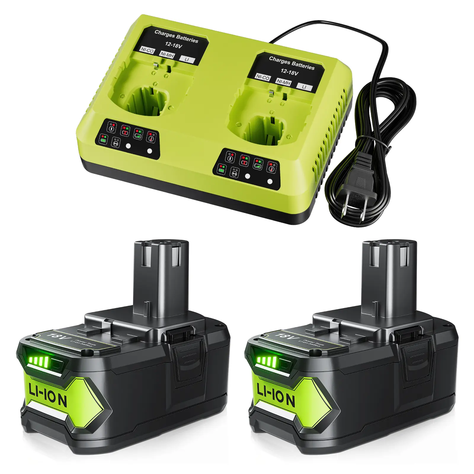 Fathersdaygift 2Pack 8.0A 18V Battery for Ryobi 18V Battery for Ryobi ONE+ 18V Lithium Battery P108 P102 P103 P104 P105 P107 P109 P122 P190 for 18V Ryobi Battery, with 2Port 18V Ryobi Battery Charger  , Lithium Batteries
