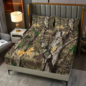 3Pcs Nature Camo Fitted Sheet Set No Fillers, Woodland Hunting Tree Print Bed Sheet Set, Camouflage Bedding Set with Pillowcases for Men Boys Hunting Cabin Bedroom Decor