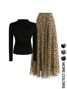 Women's Casual Two-Piece Set Outfit, Solid Color Round Neck Long Sleeve T-Shirt & Leopard Print Skirt, All Season Fitted Style