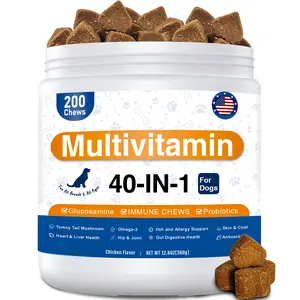 40-in-1 Multivitamin Chews for Dogs 200 Count Chicken Flavor Glucosamine, Probiotics & Omega-3 for Hip, Gut, Skin & Immune Health - All Breeds & Ages