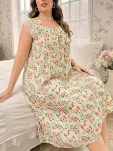 Women's Summer Bubble Gauze Sleepwear, Lace Trim Floral Pattern, Casual Sleeveless Long Dress, Floral Print Nightdress, Plus Size Home Wear, Loungewear
