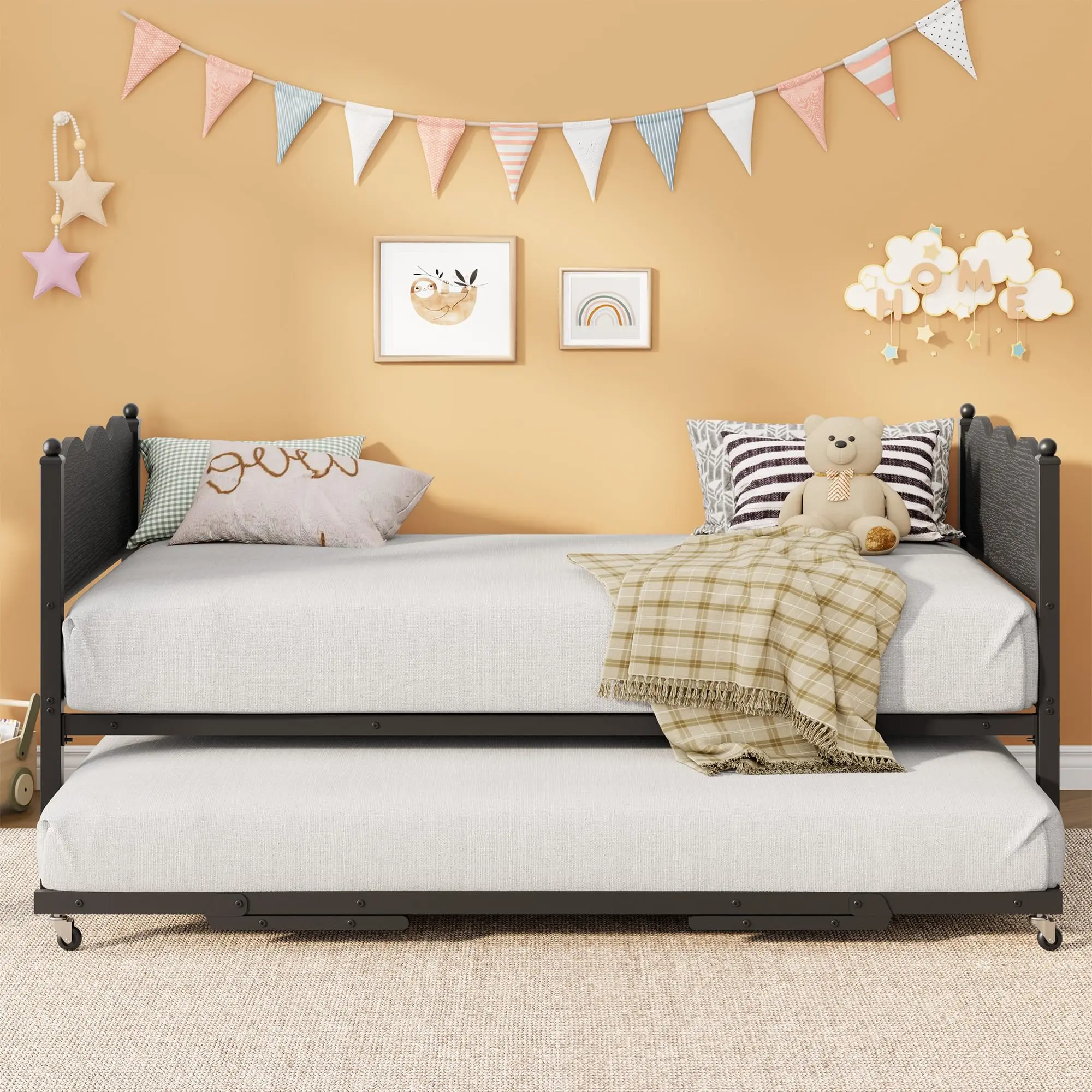 White Twin Metal Daybed with Trundle, Industrial Wood Grain Headboard, Metal Slat Support and Lockable Rolling Casters, Box Spring Free Space-saving Sofa Bed for Living Room and Guest Room