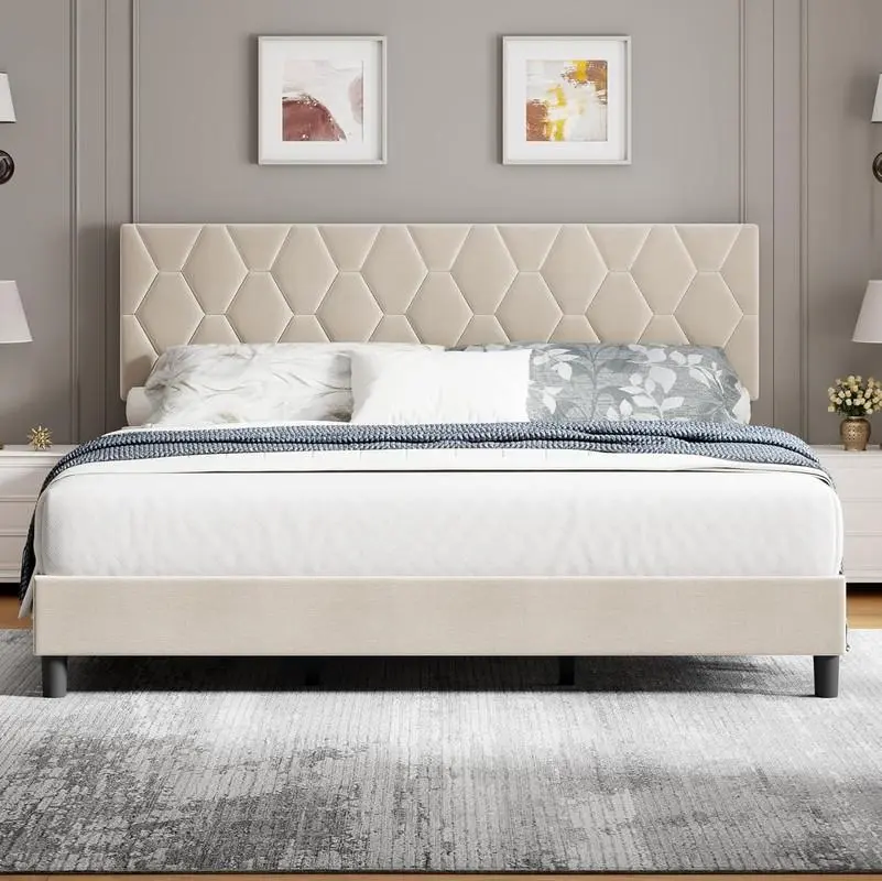 Gaomon King Size Contemporary Upholstered Bed Frame - Adjustable Headboard, Metal-Wood Build, 12-Leg Stability, Heavy-Duty Durable, Non-Toxic Diamond Blocks, Strong Slats, 12.2-16.1in Height, No Box Spring Needed, Silent, Easy Setup, Floor-Safe Feet