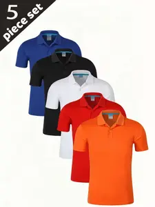Men's Breathable Sweat-Wicking Golf Tennis Performance Polo Shirts, Button-Down Collar Plain Color, Loose-Fitting Casual Short Sleeve Tops, 5 Pack, Athletic Shirt, Golf Tournament Shirt, Active Sportswear