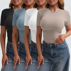 Veldtholos Womens 4 Piece Short Sleeve Shirts Basic Going Out Streetwear Tops Slim Fit Crop Tops 2026 Y2k Clothes Summer Casual Tshirt Skinny Elastic Outfit Matching SpringFresh tiktokshopspringglowup,