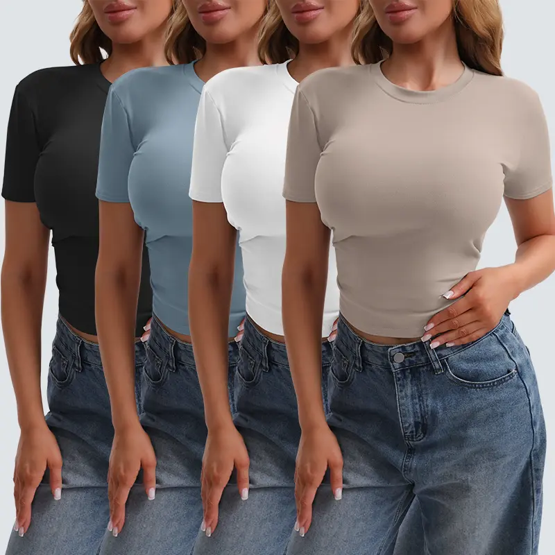 Veldtholos Womens 4 Piece Short Sleeve Shirts Basic Going Out Streetwear Tops Slim Fit Crop Tops 2026 Y2k Clothes Summer Casual Tshirt Skinny Elastic Outfit Matching SpringFresh tiktokshopspringglowup,
