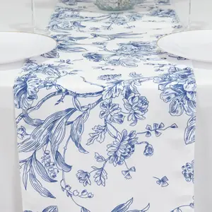 Polyester Table Runner 12"x108" White with Blue French Toile Floral Print - Exquisite Reusable Table Décor