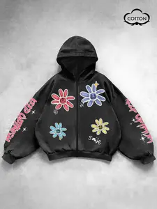 Men's Washed Cotton Fitted Long Sleeve Hoodie Sweatshirt Cardigan with Letter Print, Keep Optimistic Design, Casual Fashion for Daily Wear, Comfortable and Stylish