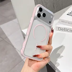 Cute Apple iPhone Smartphone Case, Simple Fashion Colorblock Transparent Magnetic Charging, Wireless Protective Shockproof Cover, Perfect for Women Daily Use