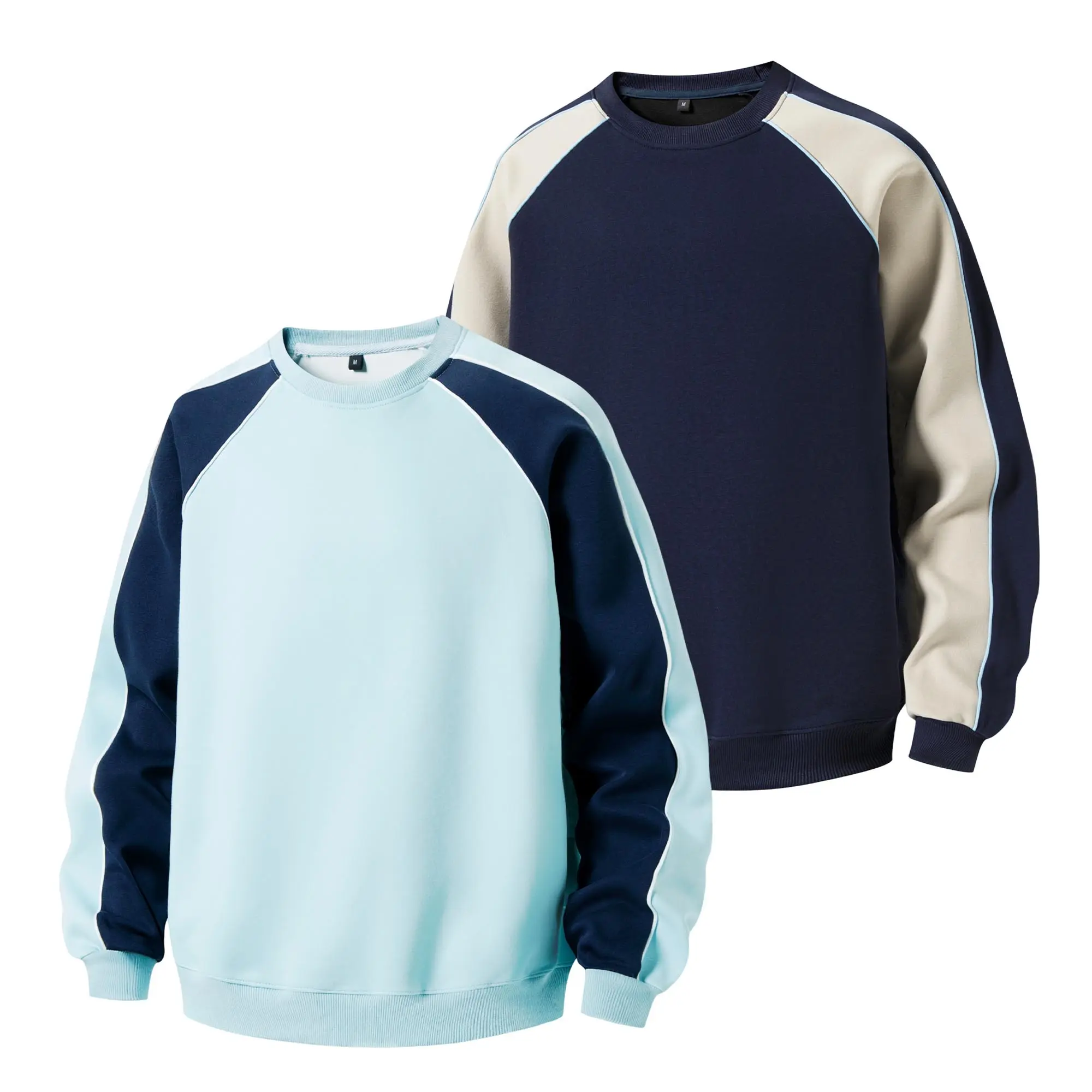 Two piece cotton men’s sweatshirt set: stylish, versatile crewneck long sleeve T shirt; pullover long sleeve top with raglan sleeves and color block panels; loose, casual everyday menswear tops.