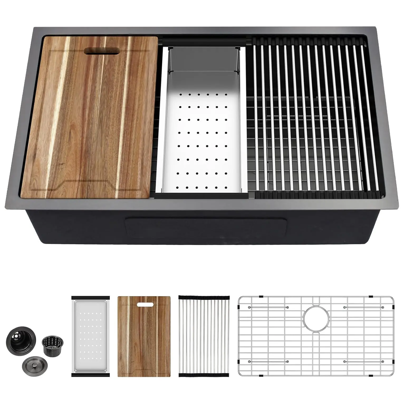 Kichae 33-Inch Black Undermount Vintage Classic Rectangle Bowl Sink - 33"x19" Industrial Glam Workstation, 16 Gauge Stainless Steel Gunmetal Deep Handmade Single Bowl, Round Corner, Quiet Operation, Adjustable Wood Cutting Board & Accessories, Quick Drain