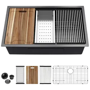 Kichae 33 Black Kitchen Sink Undermount - 33x19 Undermount Kitchen Sink Ledge Workstation 16Gauge Stainless Steel Gunmetal Black Deep Handmade Single Bowl Basin Round Corner