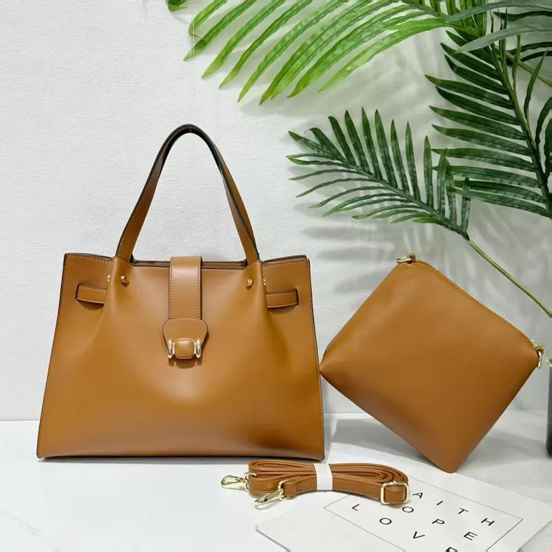 Elegant Handbags 2 Piece Set in Rich Cognac Leather with Detachable Crossbody Strap and Secure Buckle Closure