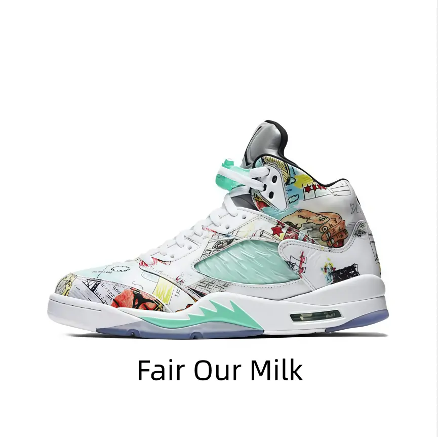 Trendy high-top retro basketball sneakers covered with colorful graffiti print. Mint green mesh panel brings comfy experience for sports and daily streetwear matching.