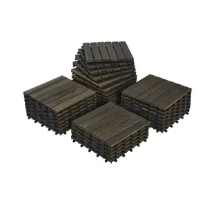 Interlocking Deck Tiles Striped Pattern,30 PCS，12" x 12" Dark Brown Square Acacia Hardwood Outdoor Flooring for Patio, Bancony, Pool Side