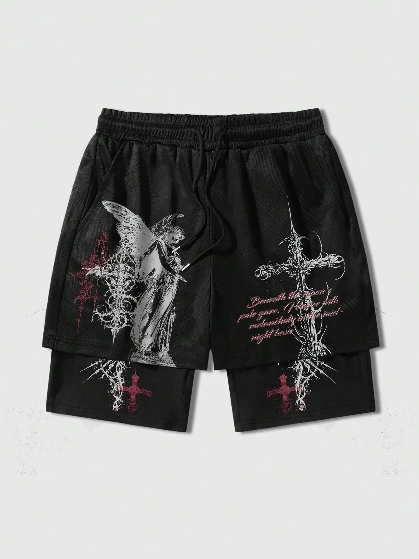 Men's and women's street Gothic-style sporty casual shorts, dark-themed angel and Gothic thorned cross pattern printed faux-two-piece shorts, Graphic Print Shorts, Gothic streetwear, Y2K street style