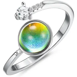 Adjustable 925 Sterling Silver Mood Rings for Women Handmade Oval Solitaire Ring Temperature-Control Changeable Ring Change Color Stackable Rings