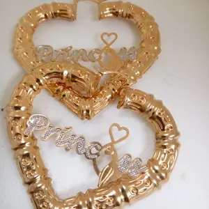 14K Goldfilled Bamboo Heart Shape "Princess" Earrings with "Princess" Text and Butterfly Design