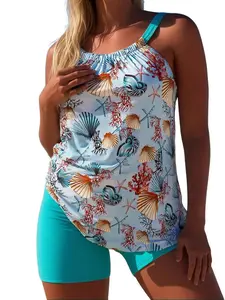 Ocean Shell Print Tankini Swimsuit, Adjustable Strap Blouson Top with Boyshorts Tummy Control Two-Piece Swimwear for Women Beach Vacation