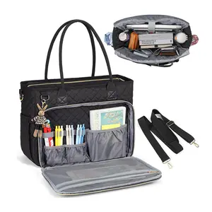 Elegant black teacher handbag with insulated pocket, 39.62cm laptop compartment, durable polyester suitable for office and college use