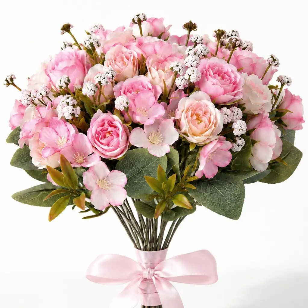 6pcs High-Realism Rose Mixed Cherry Blossom Bouquet, Non-Fading Fabric Artificial Flowers, Vintage Decor, Decorative Bouquets, Wedding Handheld Arrangement, Faux Flower Bouquets