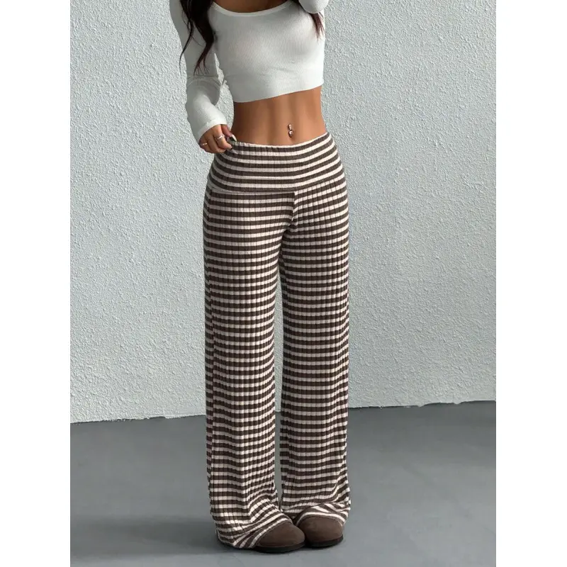 Women's Coffee Brown Striped Rib-Knit Polyester Blend Casual Wide Leg Pants - Fold-Over Elastic Waist, Medium Stretch, Lady Style, Skinny Fit Bottom for Summer