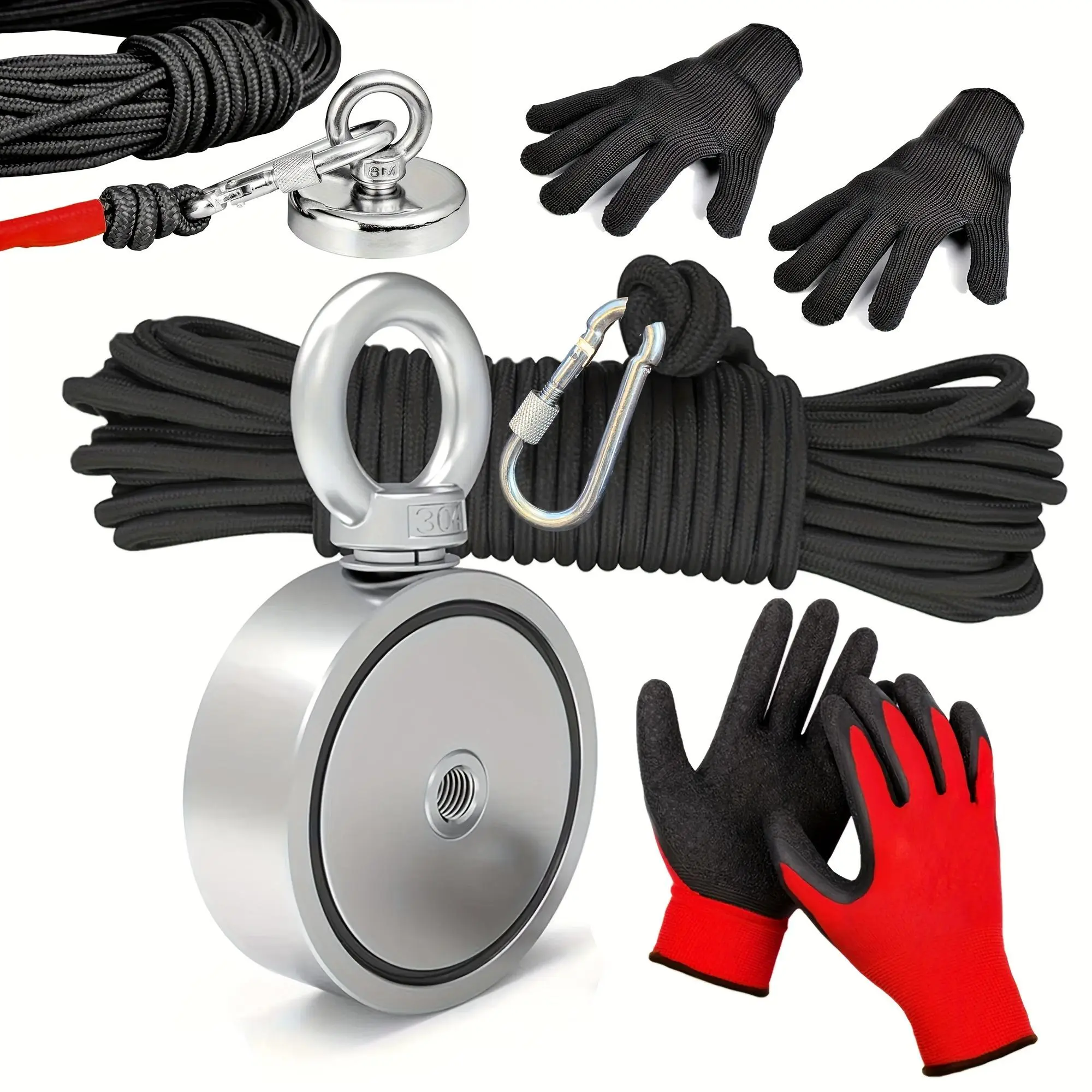 4-in-1 Fishing Magnet Kit, 1 Count Outdoor Salvage Set with 65ft Rope & Gloves & Carabiner, Fishing Tools, Fishing Kit, Professional Fishing Accessories for Outdoor, Gift Sets for Men, Heavy Duty, Industrial