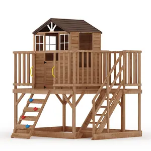 GAOMON 2 Story Wooden Playhouse with Climbing Wall, Outdoor Wooden Playhouse with Step Ladder, Elevated Modern Cedar Playhouses Kids