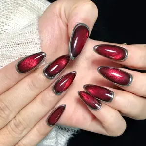 HelenNails - Midnight Magic Cat Eye Press On Nails | Red Ombre Silver Chrome | Y2K Acrylic Handmade Party Nail Set - HL262