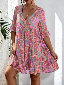 Plus Size V Neck Floral Print Summer Mini Dress, Smocked Waist, Loose Curvy Friendly Ruffle Hem Casual Wear Dress