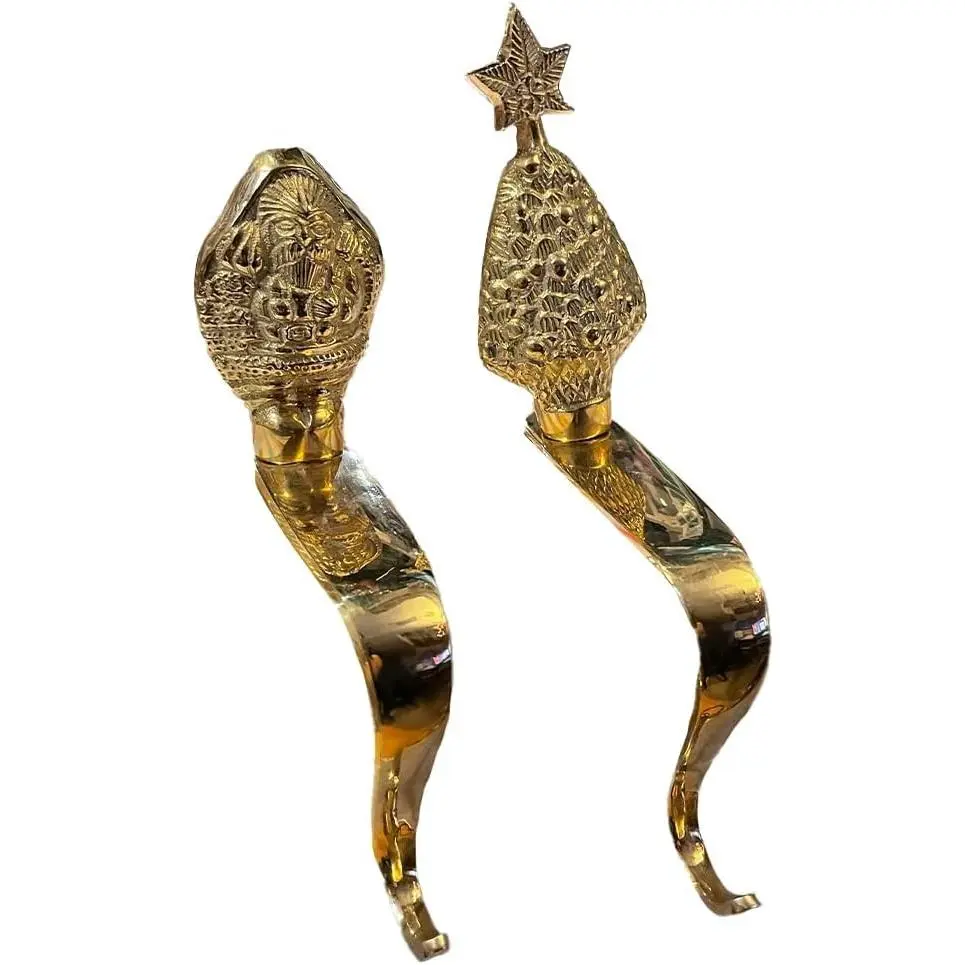 Brass Santa And Christmas Tree Stocking Hanger Set Of 2