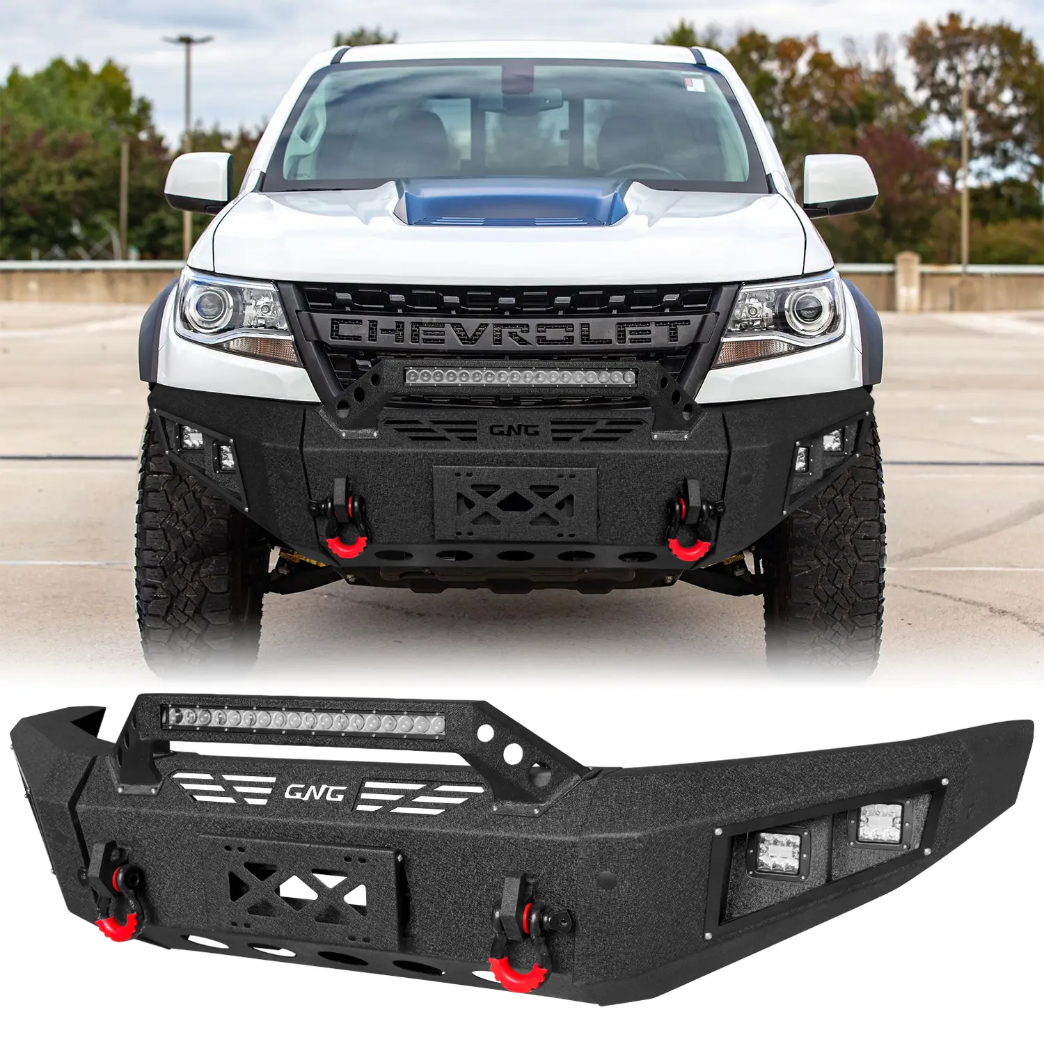 Vijay Steel Black Texture Front Bumper for 2017-2020 Chevy ZR2, with Winch Plate, Offroad Lights (Includes LEDs), 2 D-Rings, Off-Road Performance, Screw Mount Installation