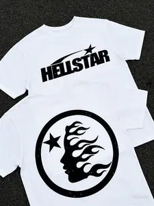 Double-Sided Printed T-Shirt, Crewneck, Letter Pattern, Full Body Print, Casual Soft Short Sleeve, Unisex, All Seasons, Fitted Style