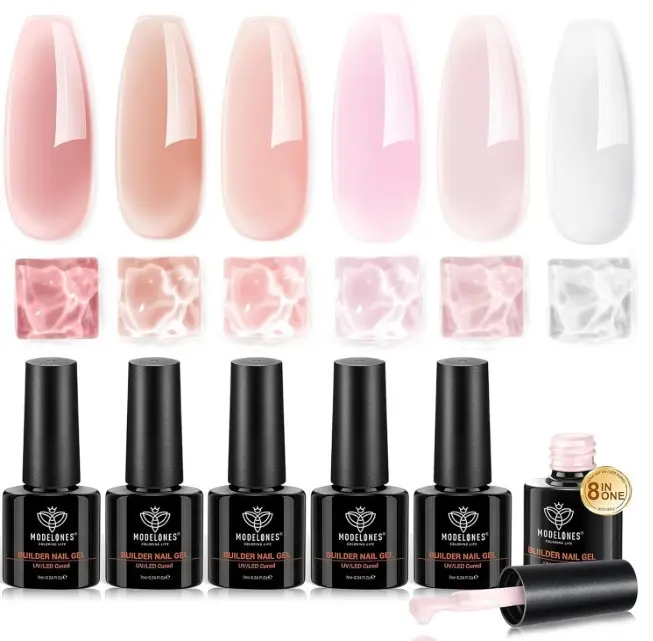 modelones Gel Polish Builder Nail Set, Builder Base Colors Jelly Nude Pink Hard Strengthener Rubber Gel Polish 8-in-One Extension LED Nail Lamp Cured 6 Colors