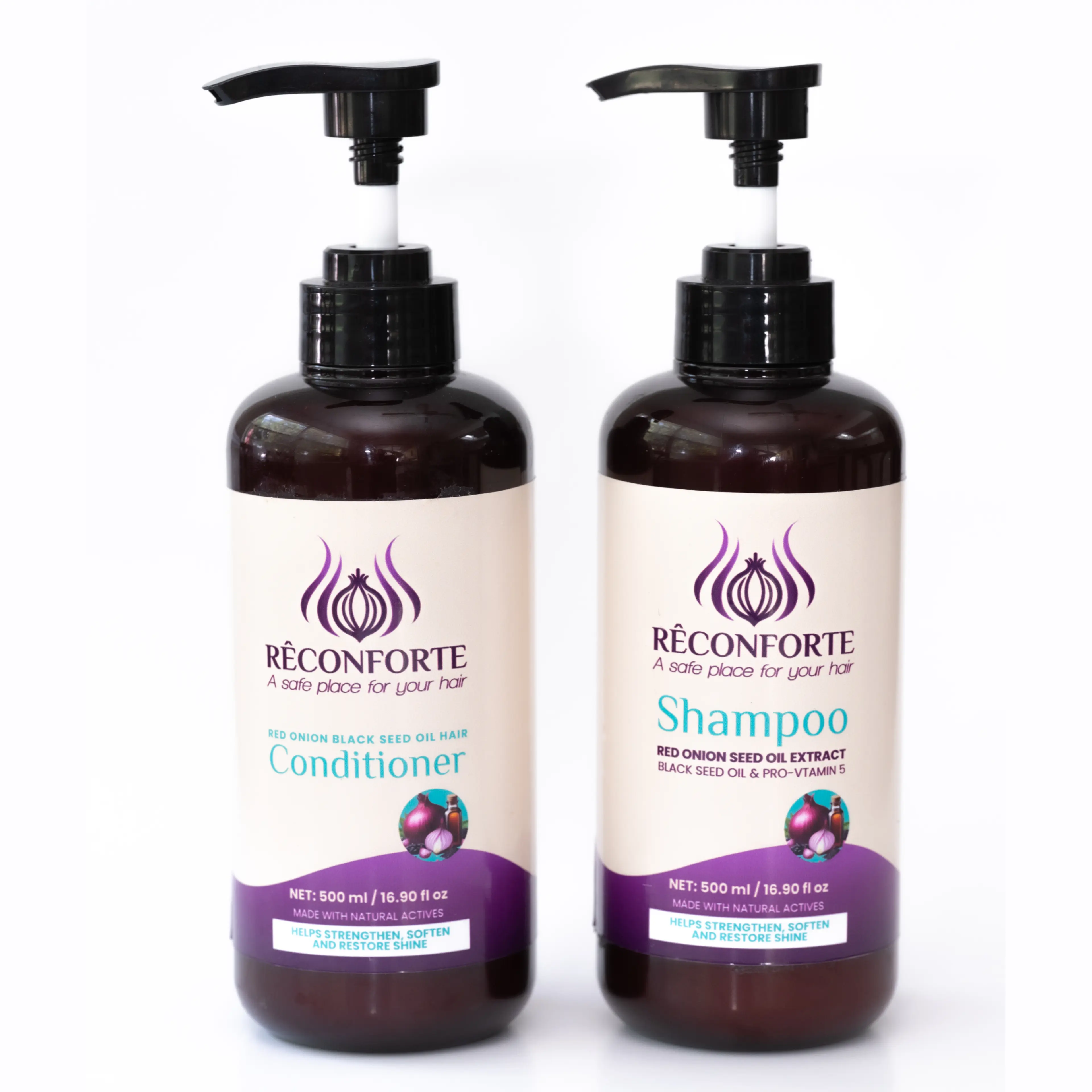 Rêconforte Shampoo & Conditioner Set - 500mL, 18.2 Fl Oz. Red Onion black seed oil