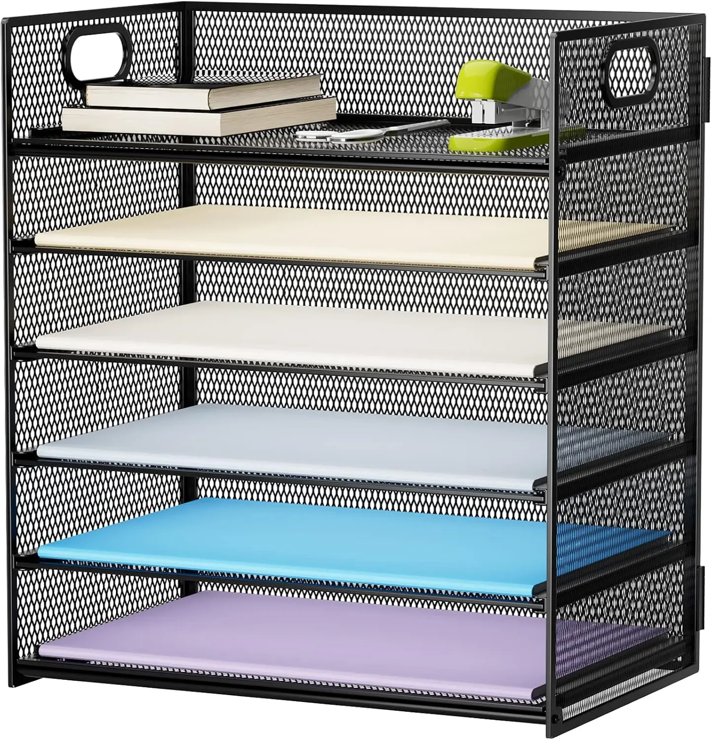 6-Tier Paper Organizer Letter Tray, Mesh Desk File Organizer with Handle, Document Sorter for Letter/A4 Paper, File Folders, Office & Home, Black