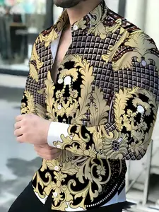Men's Trendy Casual Printed Shirt, Fashion Slim Long Sleeve Top, Personalized Retro Pattern Design