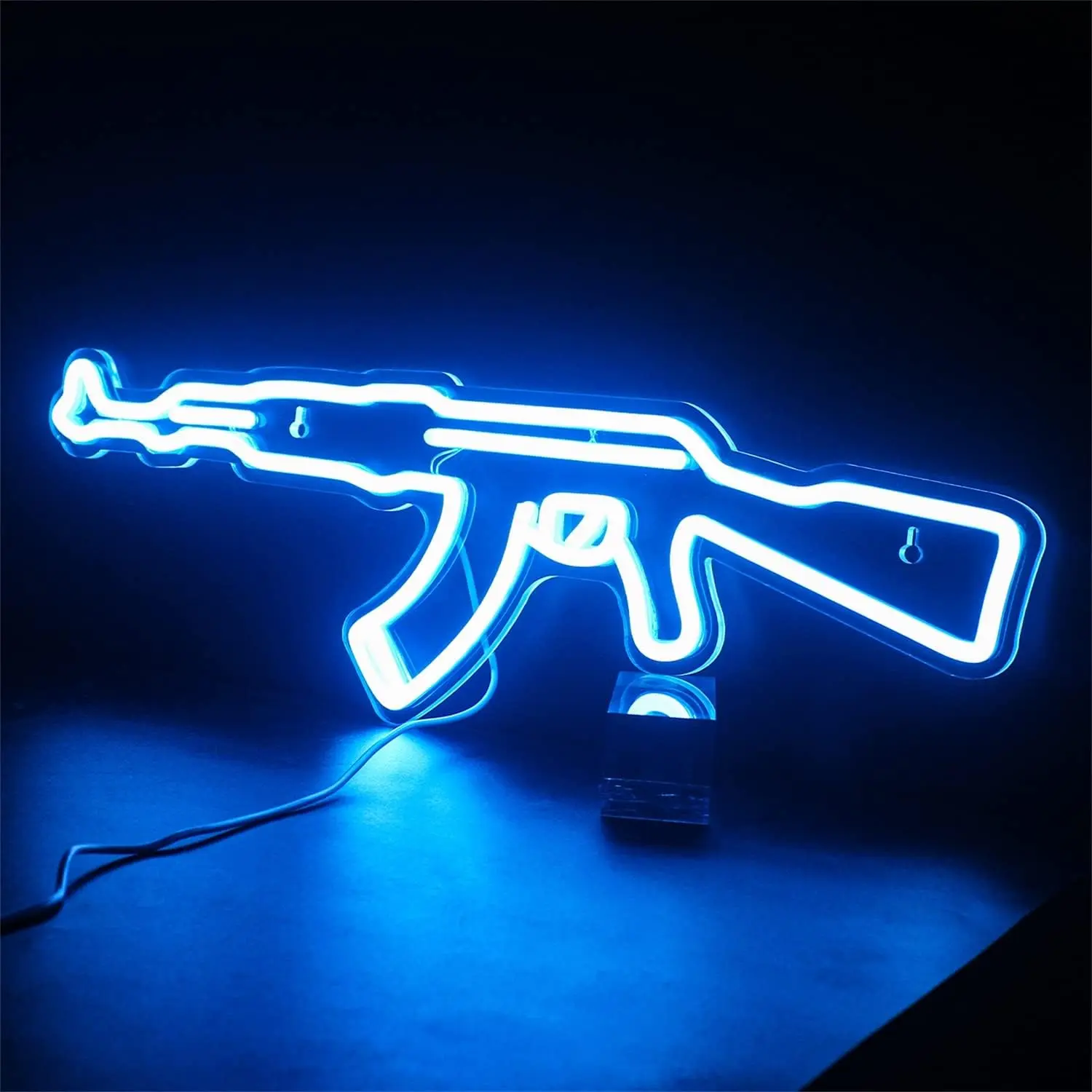 Blue Laser-Cut Gun-Shaped LED Neon Sign with Acrylic Base & Pre-Hung Hook, Game-Theme Mood Wall Sign, Specialty Decorative Lighting for Game Room Wall Decoration