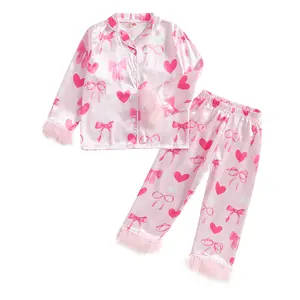 Calsunbaby Kids Girl Valentine's Day Satin Pajama Sets Feather Trim Heart Bow Print Button-up Tops Long Pant Lounge Set Sleepwear