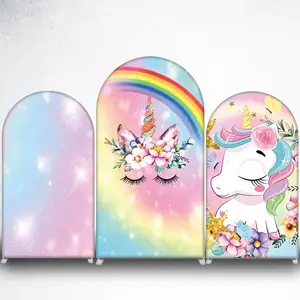 Rainbow Unicorn Floral Arch Backdrop Cover for Girls Magical Birthday Party